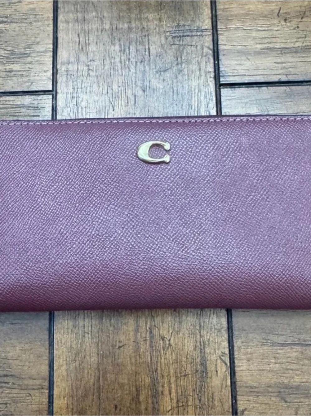 Coach Plum Saffiano Leather Wallet with Gold 'C' Accent